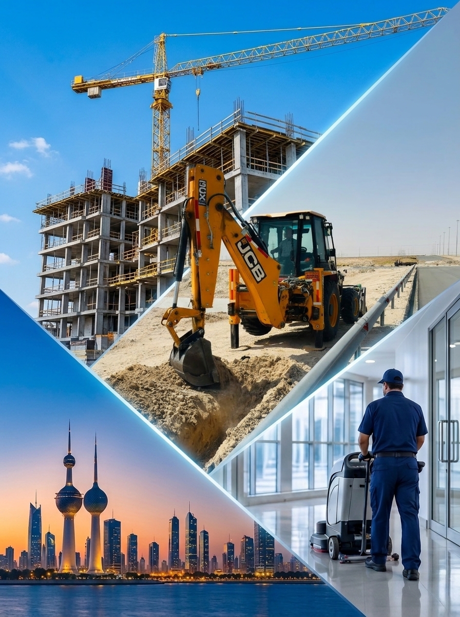Cliff Al Kuwait Construction Building, JCB Excavator Machinery, Commercial Cleaning & Kuwait Skyline Showcase